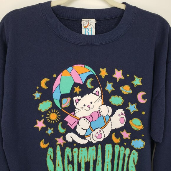 Vintage Sagittarius Zodiac Sweatshirt M Parachute Cat Graphic Stars Navy Teal - Picture 4 of 8